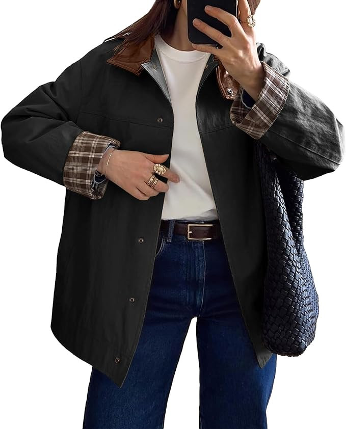 Tankaneo Womens Trench Coat Oversized Fall Barn Jacket Leather Collar Plaid Color Block Windproof... | Amazon (US)