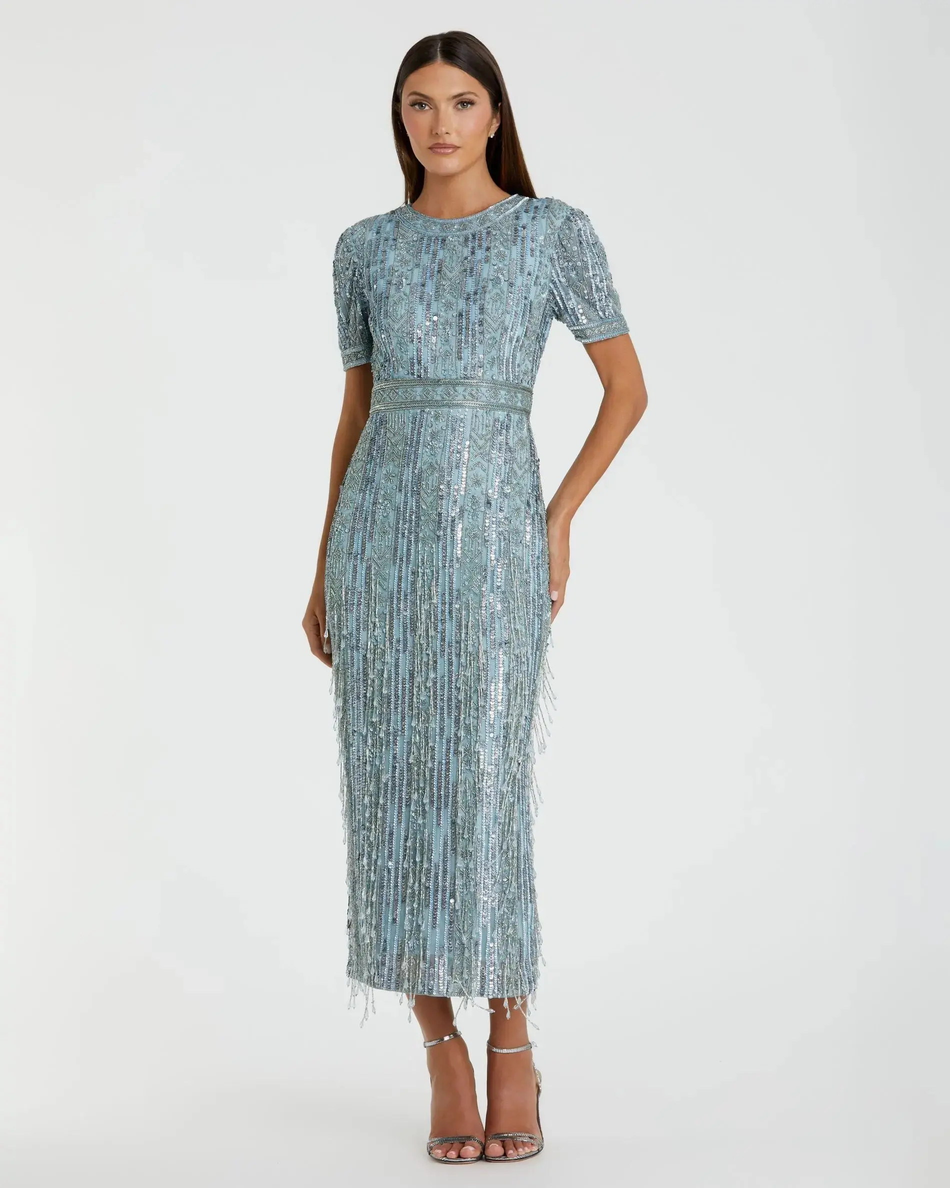 Blue High Neck Short Sleeve Crystal Fringe Column Dress | Mac Duggal | Mac Duggal