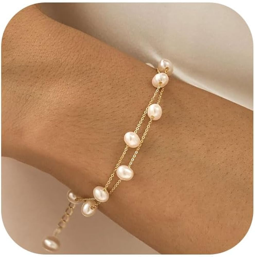 BERISO Gold/Silver Pearl Bracelets for Women,14K Gold Plated Bracelets Dainty Pearls Beaded Chain... | Amazon (US)