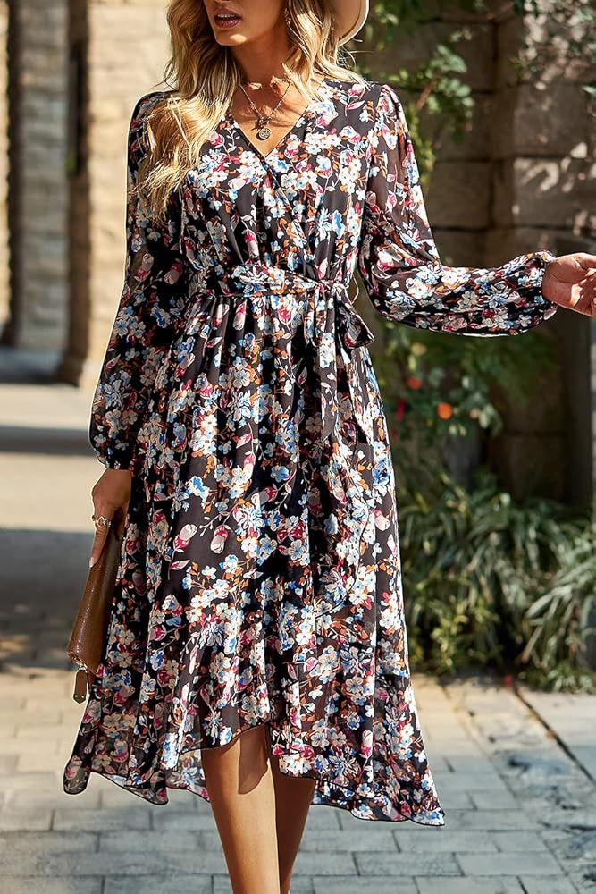 PRETTYGARDEN Women's Floral Print Boho Dress Long Sleeve Wrap V Neck Ruffle Belted A-Line Flowy Maxi | Amazon (US)