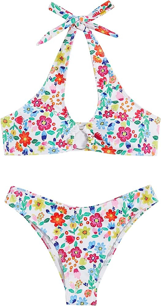 SweatyRocks Women's 2 Piece Swimsuit Solid Halter High Cut Bikini Bathing Suit | Amazon (US)