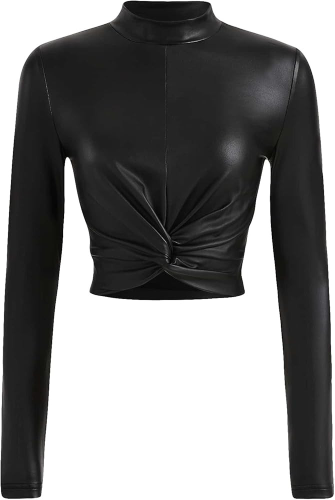 Floerns Women's Twist Front Long Sleeve Mock Neck Pu Leather Tee Shirt Crop Top | Amazon (US)