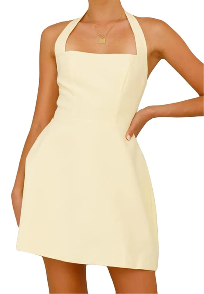 Recious Womens Sexy Sleeveless Halter Bodycon Party Clubwear Solid Blazer Mini Dress | Amazon (US)