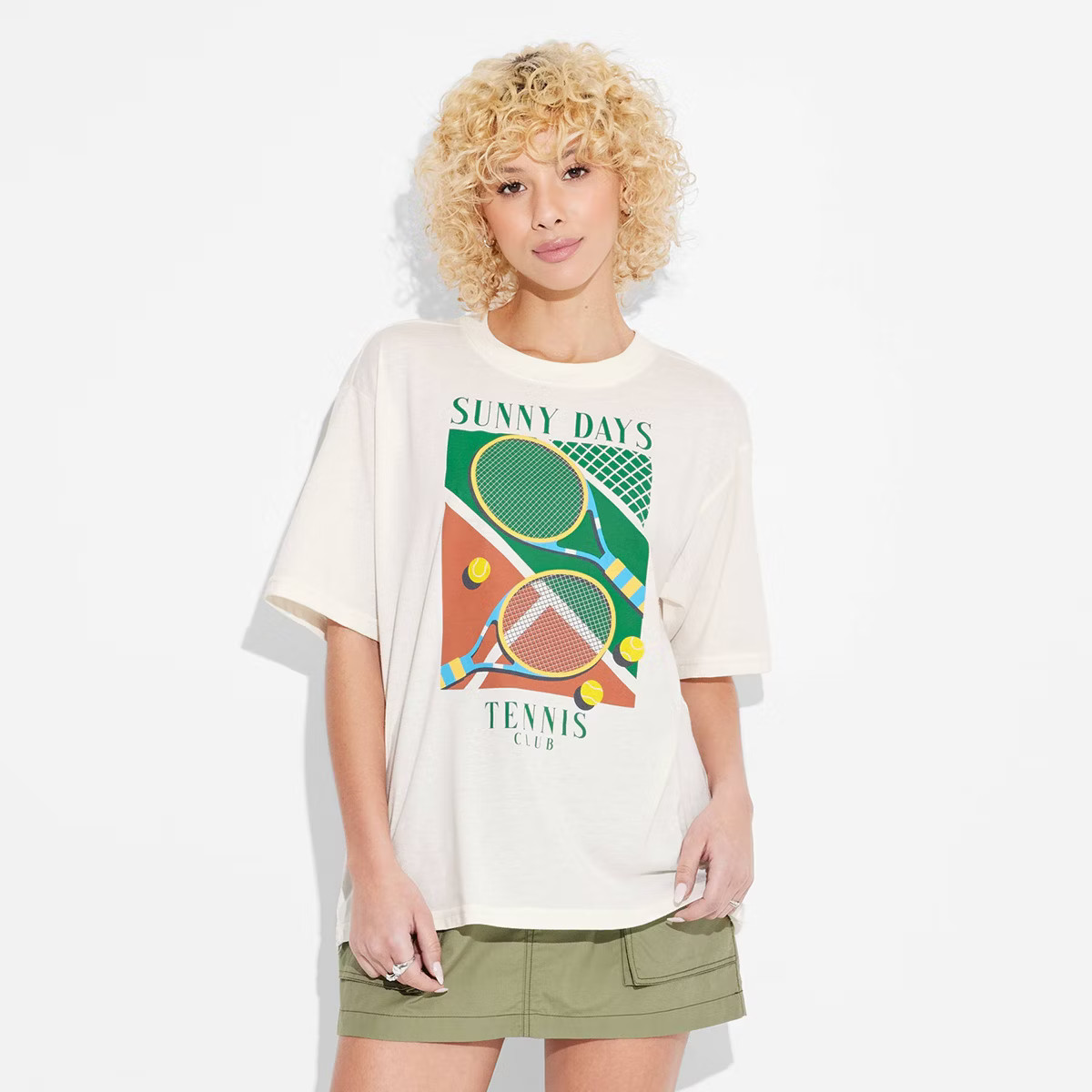 Women's Sunny Days Tennis Club Short Sleeve Graphic Boyfriend T-Shirt - Off-White L | Target