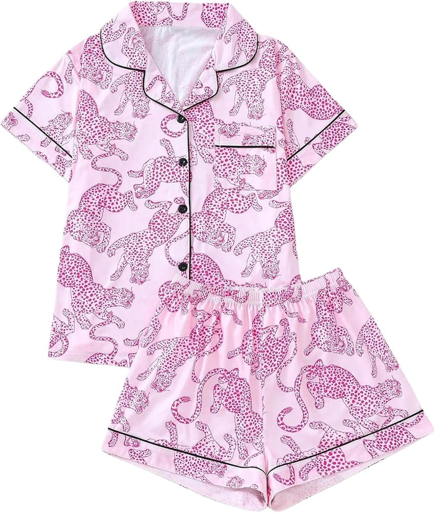 WDIRARA Women's Two Piece Animal Print Short Sleeve Button Shirt and Elastic Waist Shorts Pajama ... | Amazon (US)
