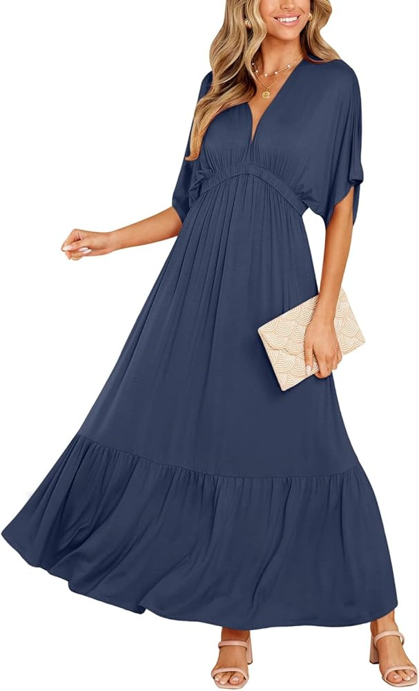 DEEP SELF Women’s Summer V Neck Batwing Short Sleeve Maxi Dress Casual Loose High Waist Flowy L... | Amazon (US)
