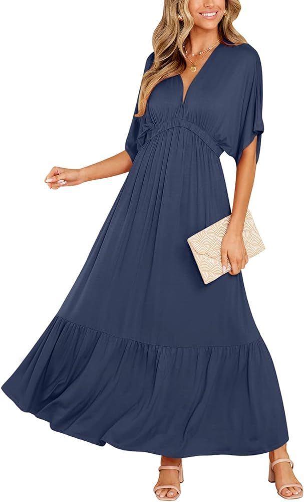 DEEP SELF Women’s Summer V Neck Batwing Short Sleeve Maxi Dress Casual Loose High Waist Flowy L... | Amazon (US)