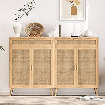 Rovaurx Set of 2 Floor Storage Cabinet with Rattan Doors, Accent Bathroom Cabinet with Large Draw... | Amazon (US)