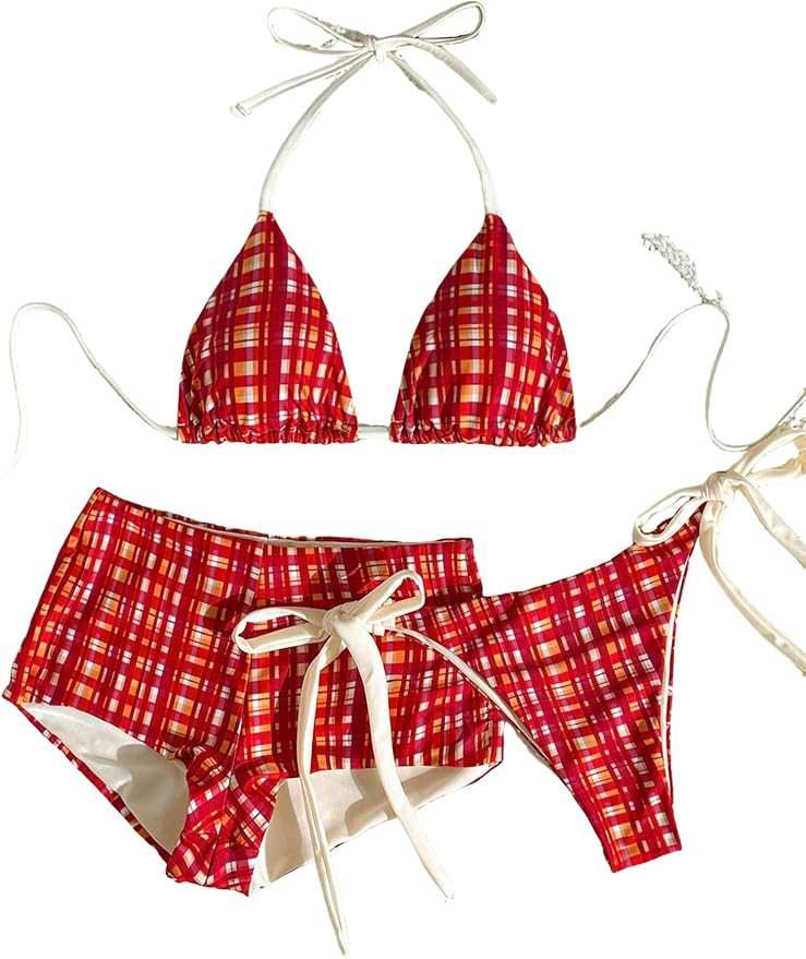 ZAFUL Women's 3 Piece Halter Triangle Bikini Sets with Boyshort Striped Colorblock Thong Swimsuit... | Amazon (US)