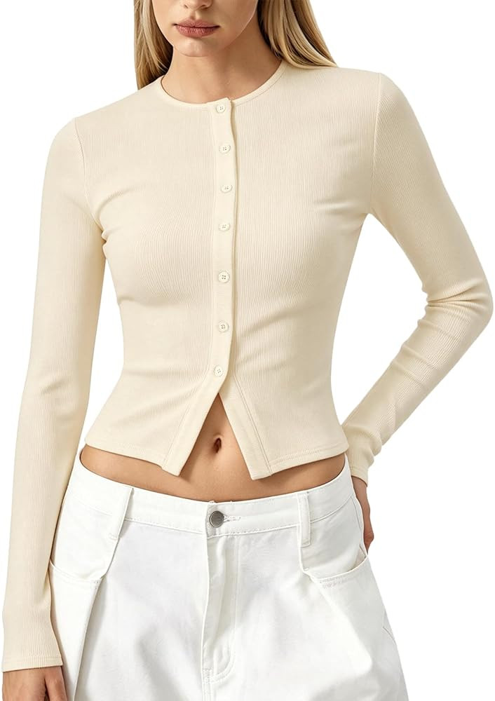 QINSEN Women's Long Sleeve Crewneck T Shirts Ribbed Button Crop Top Going Out Tops | Amazon (US)