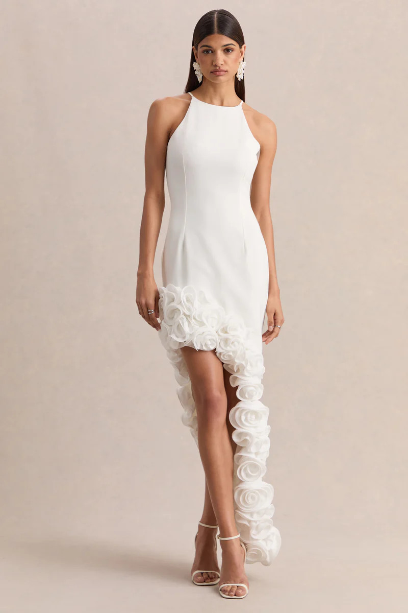 Indira  White Halter-Neck Maxi Dress With Asymmetric-Floral Hem | Club L London