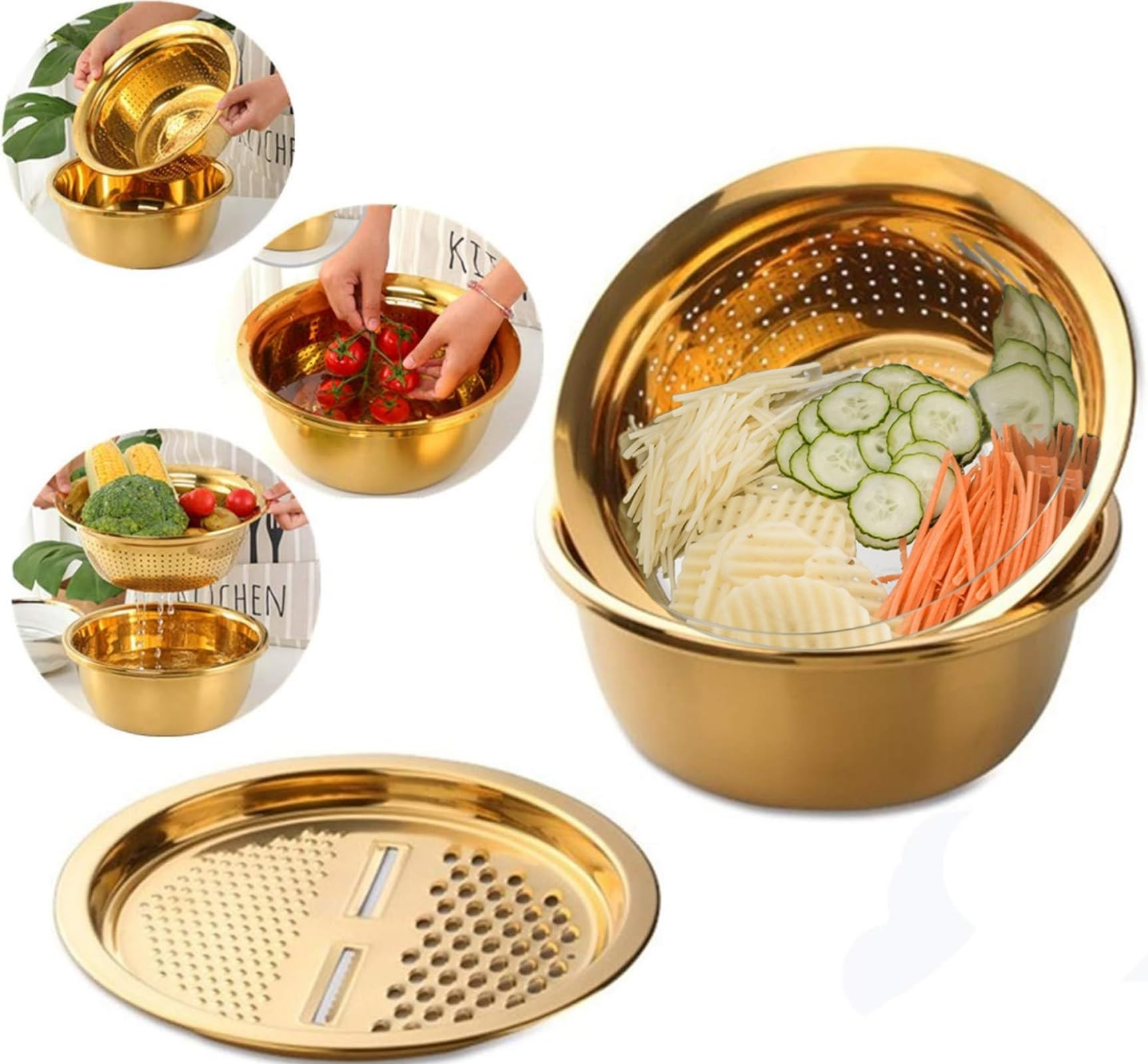 Stainless Steel Multifunctional Gold Colander set of 3, Large Capacity Kitchen Strainer Utensil f... | Amazon (US)