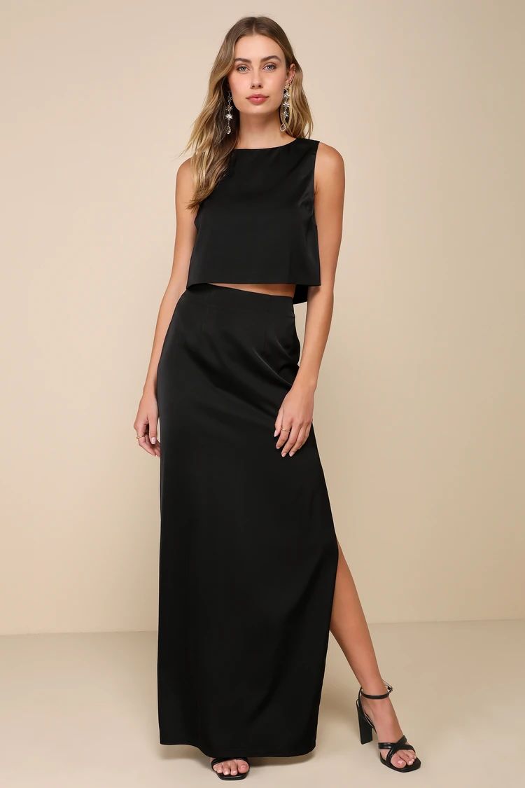 Double the Elegance Black Satin Two-Piece Column Maxi Dress | Lulus