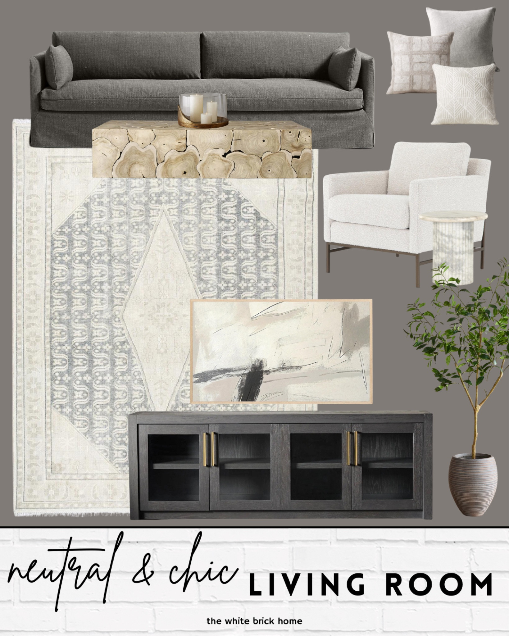 The color combo in this design makes this living room feel modern and fresh!

Living room, living room design, living room furniture, living room ideas, living room couch, living room chair, media console, faux tree, throw pillows, coffee table frame tv, wall art, rug, area rug, cb2, crate and barrel, McGee and go, family room, living room neutral, modern home, home decor, home design 

#LTKHome #LTKSaleAlert #LTKStyleTip