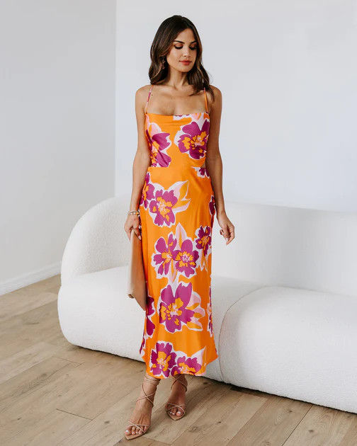 Island Dates Satin Floral Cowl Neck Midi Dress | VICI