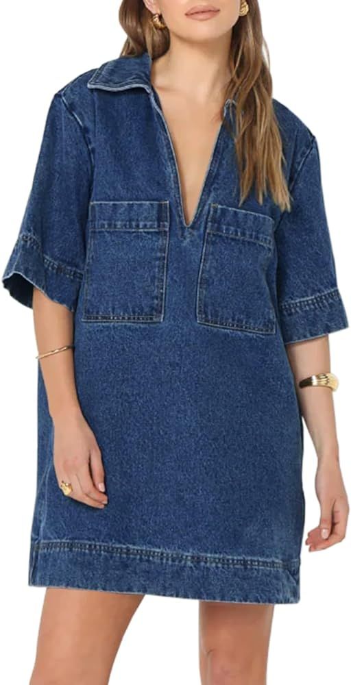 Fisoew Womens Shift Denim Dress Summer Deep V Neck Half Sleeve Collared Loose Mini Jean Dress wit... | Amazon (US)