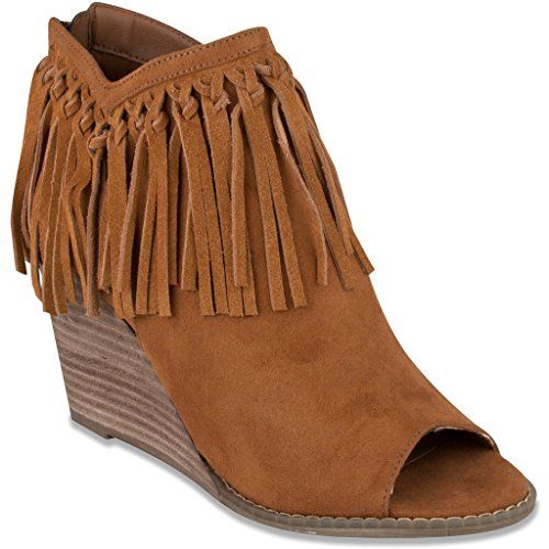 Mari A Womens Athena Peep Toe Wedge Bootie Ankle Boot with Fringe 6 Cognac | Amazon (US)