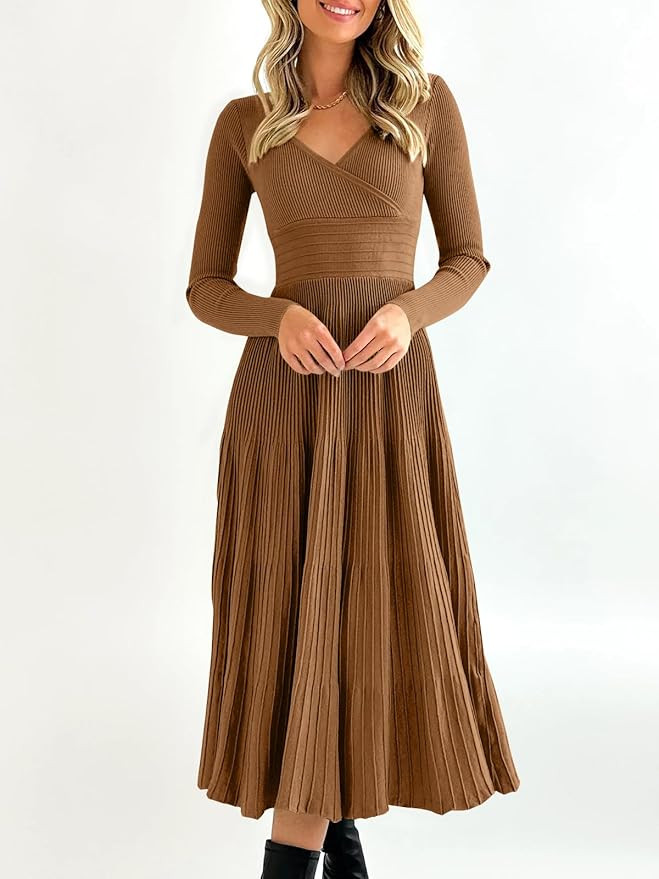 Saodimallsu Womens Long Sleeve Midi Sweater Dress Wrap V Neck Pleated A Line Fit Flare Elegant Kn... | Amazon (US)