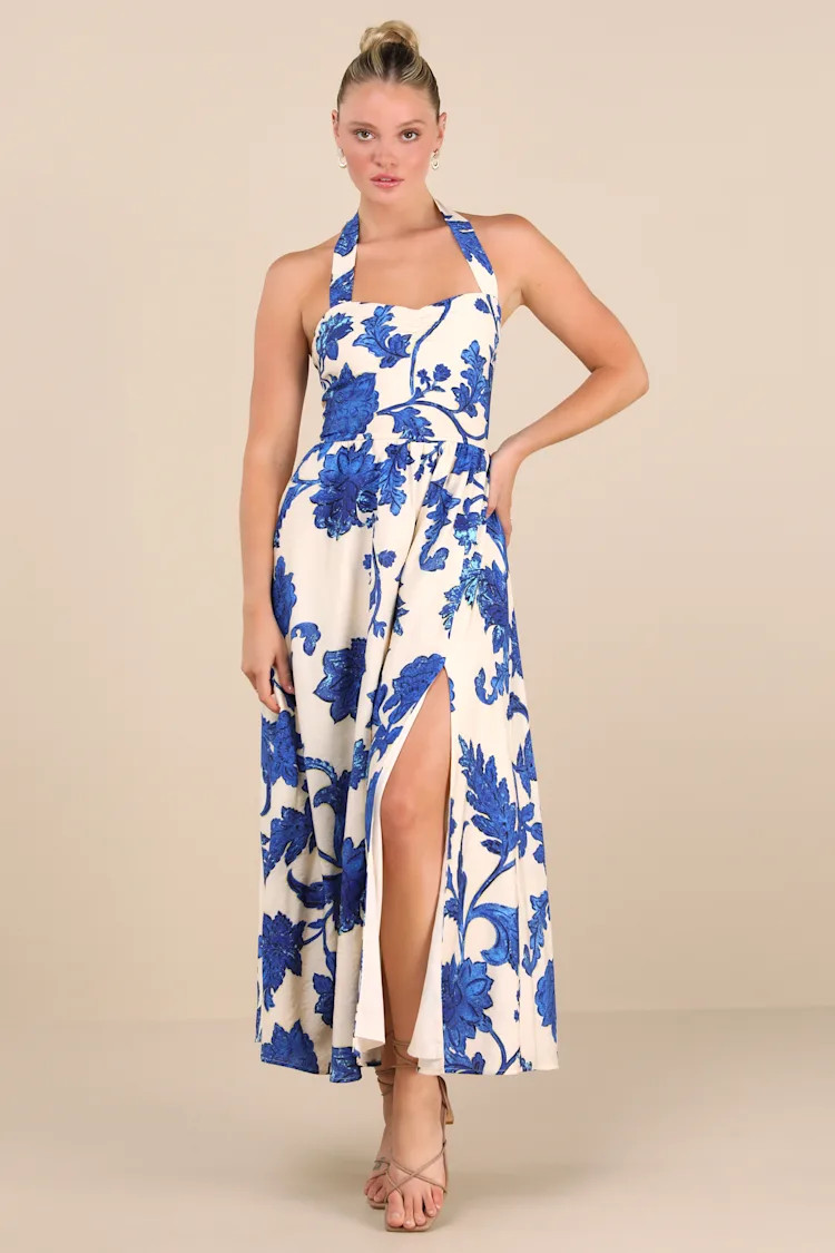 Layton Blue and Cream Floral Halter Maxi Dress | Lulus