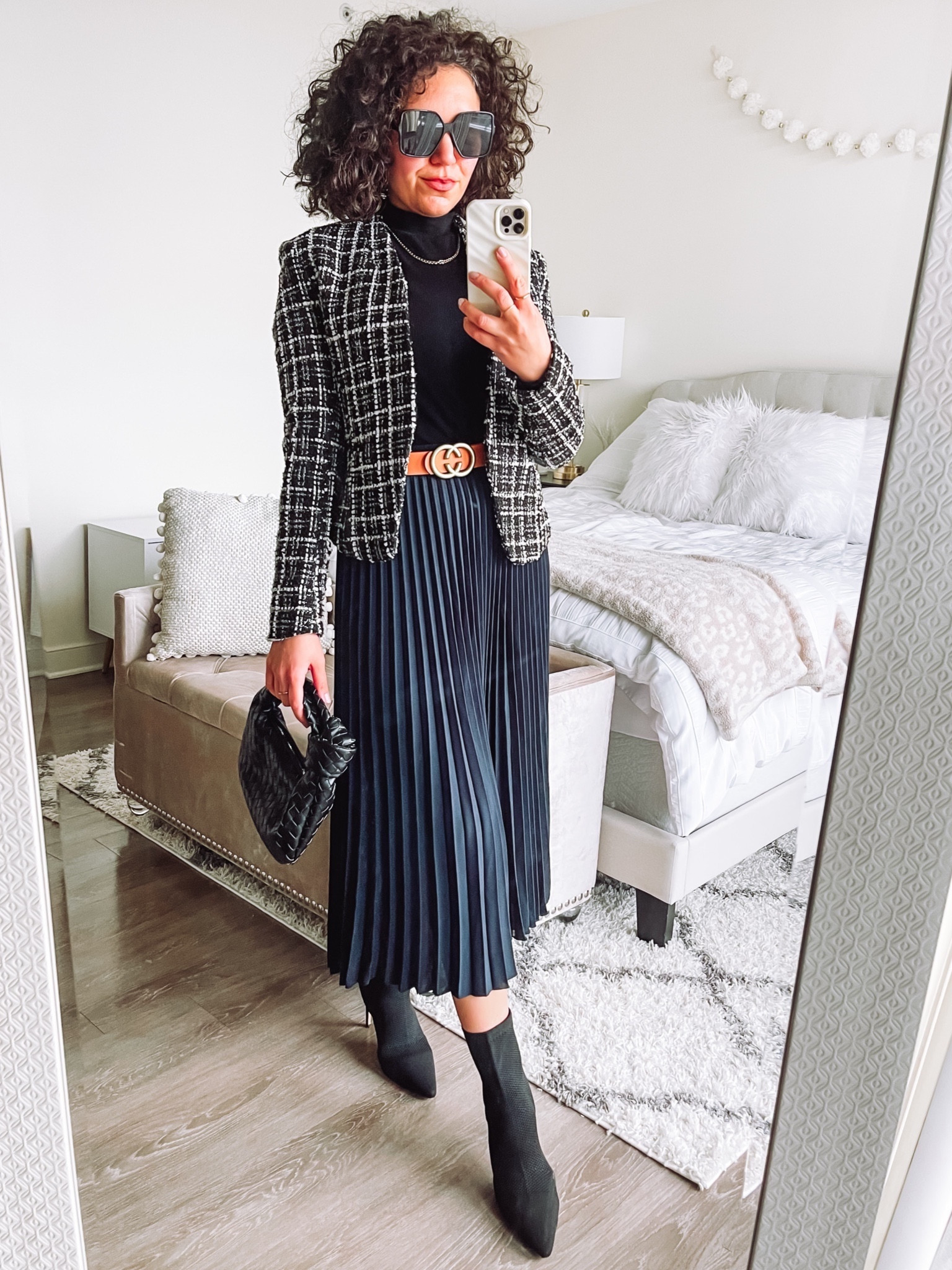 Winter outfit, pleated skirt, work outfit, tweed blazer, tweed jacket, boots, neutral iphone case, boots, sunglasses 

#LTKstyletip