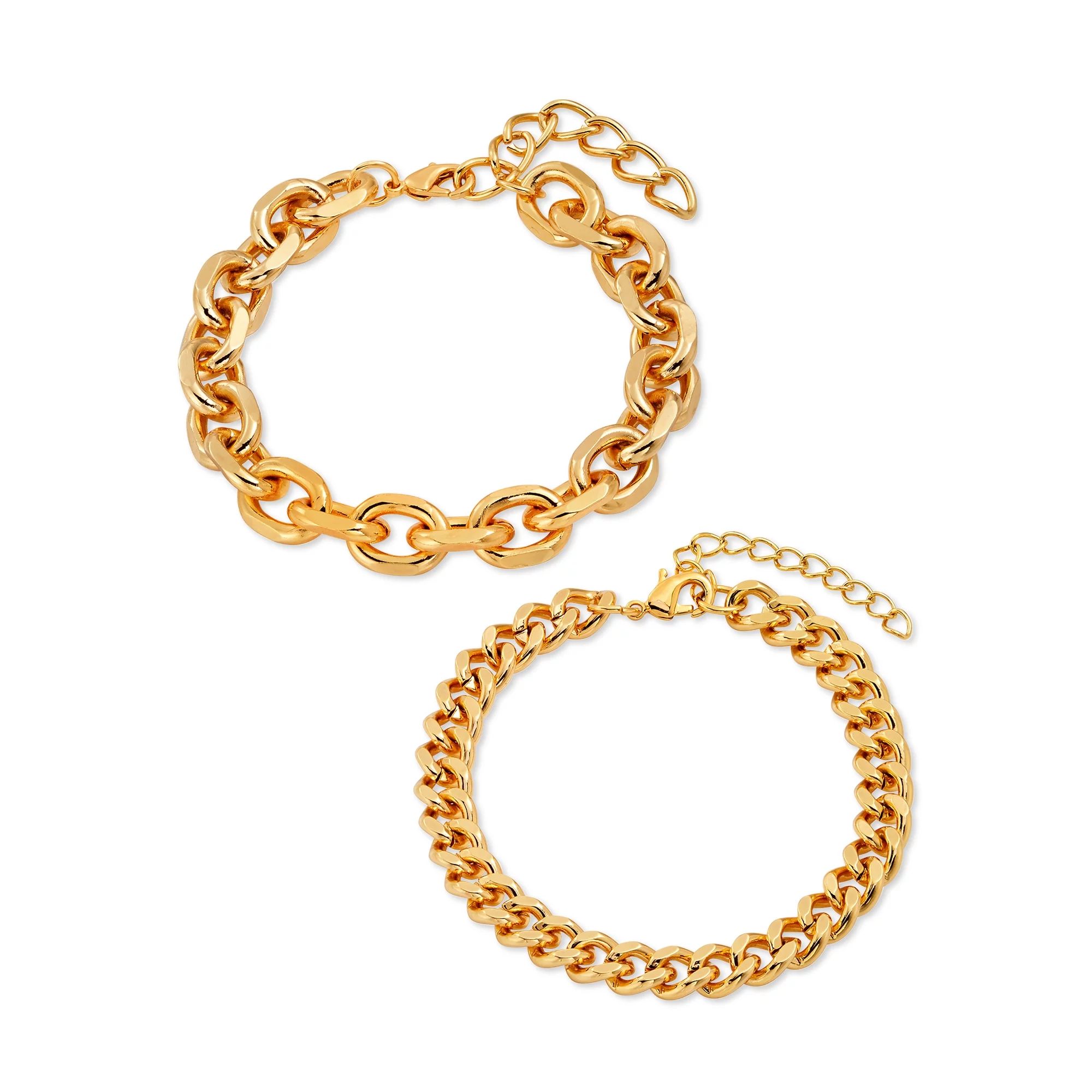 Scoop Womens Brass Yellow Gold-Plated Oval Link and Curb Chain Bracelets, 2-Piece Set | Walmart (US)