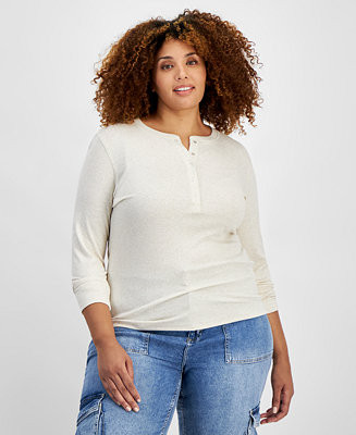 On 34th Plus Size Ribbed Long-Sleeve Henley Top, Created for Macy's - Macy's | Macy's