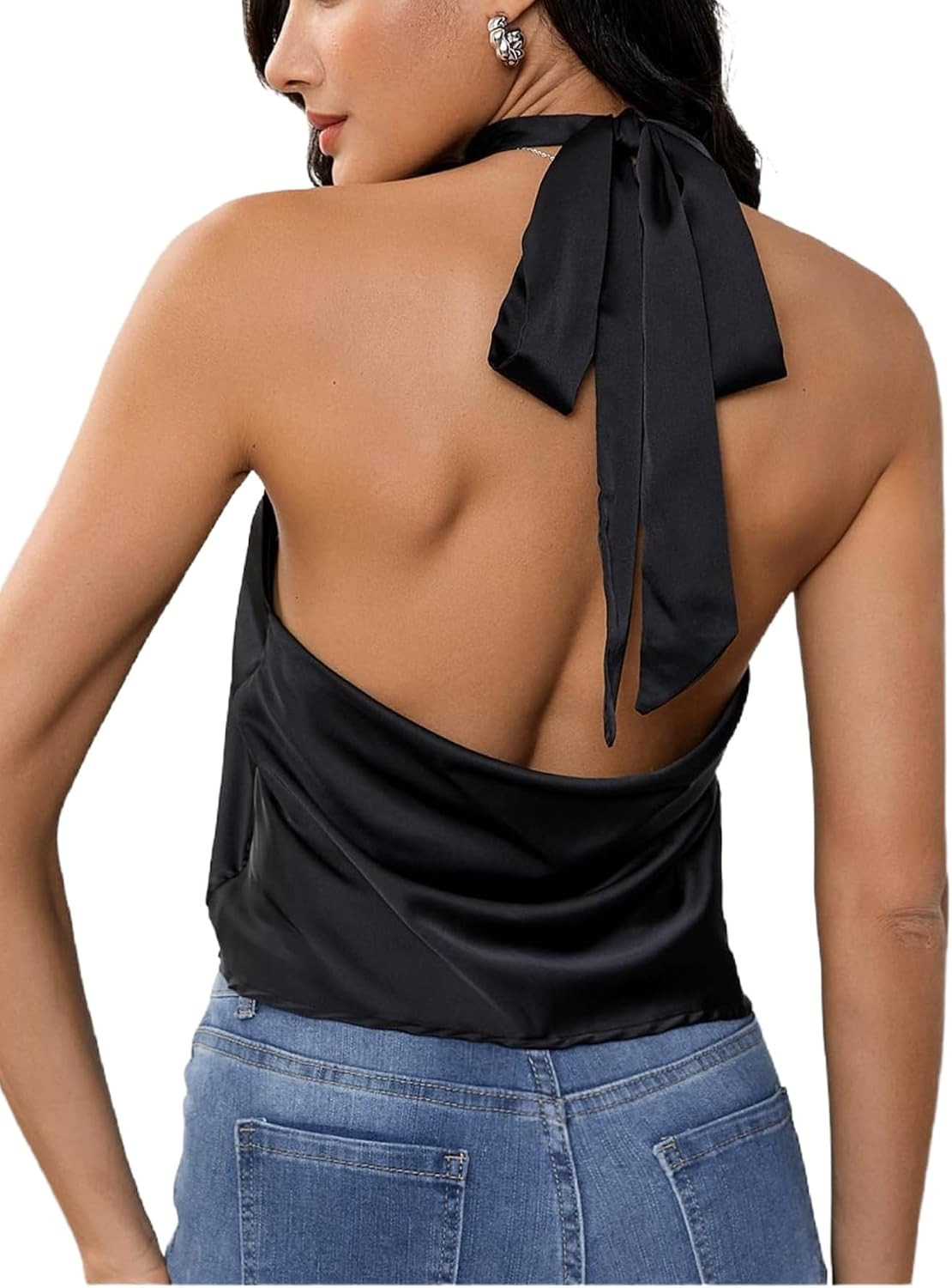 MakeMeChic Women's Satin Silk Halter Tank Tops Open Back Going Out Top | Amazon (US)