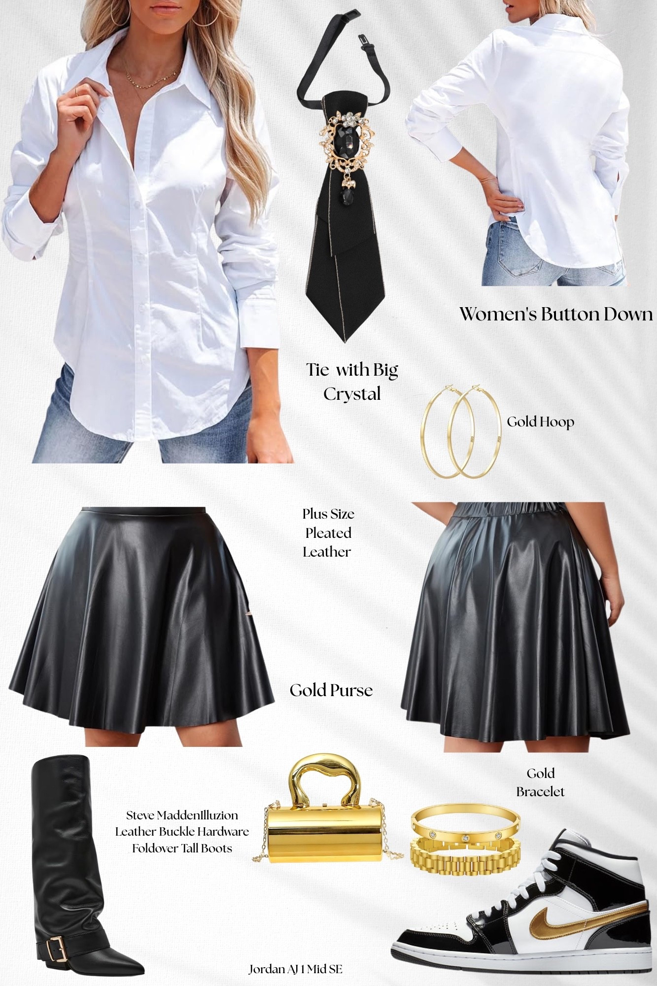 Classic pieces, main character results ✨
White button down with a black crystal tie, plus size pleated faux leather skirt, gold hoops + stacked bracelet, gold top handle mini bag, and tall black buckle boots (AJ1s optional for a casual switch-up).

#LTKPlusSize #LTKootd #LTKMidsize