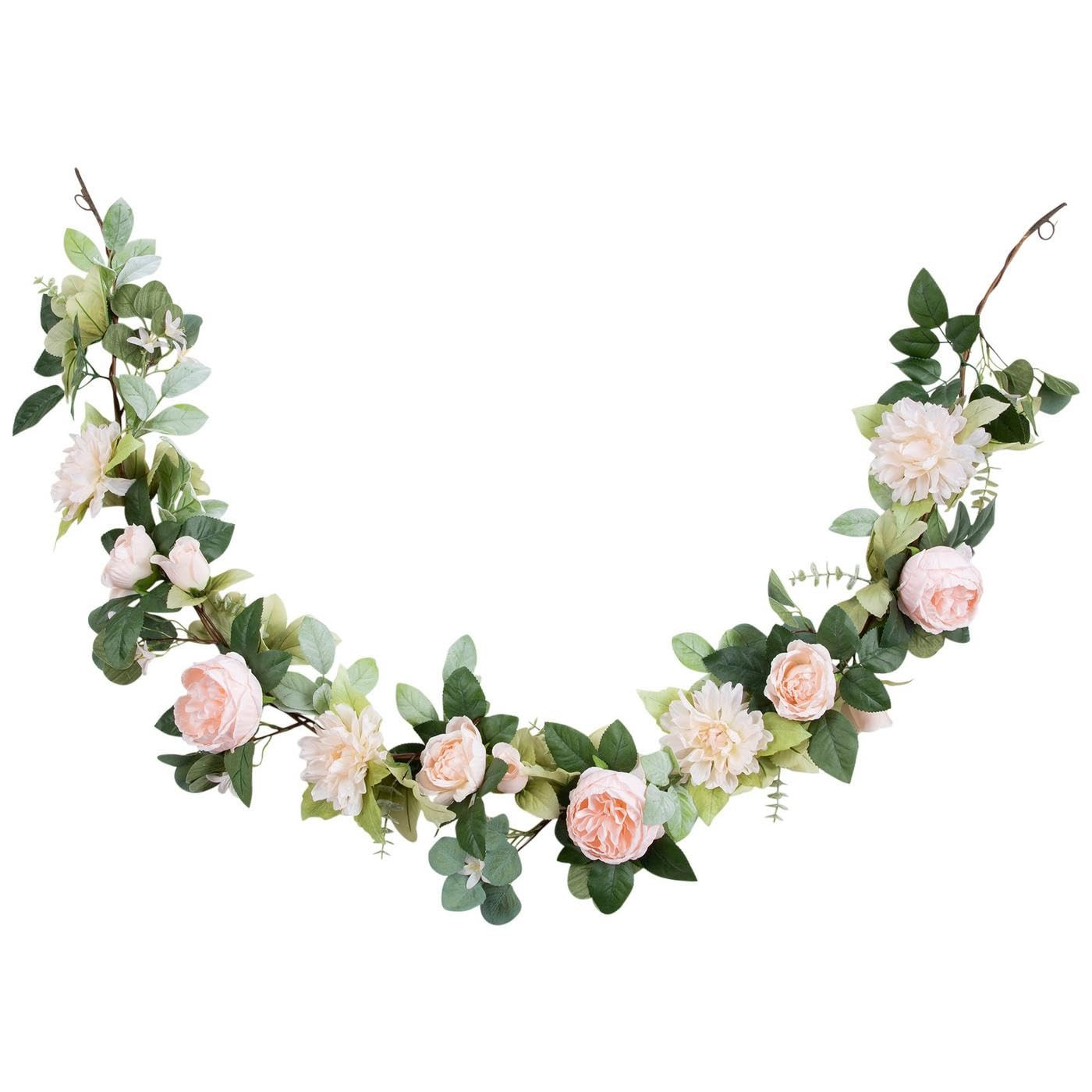 Floral Garland, Artificial Roses and Dahlias, 72", Green and Pink | Amazon (US)