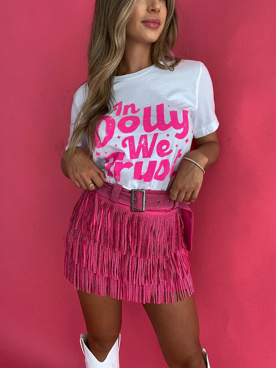 Nashville Babe Rhinestone Fringe Mini Skirt- Pink | Willow Boutique