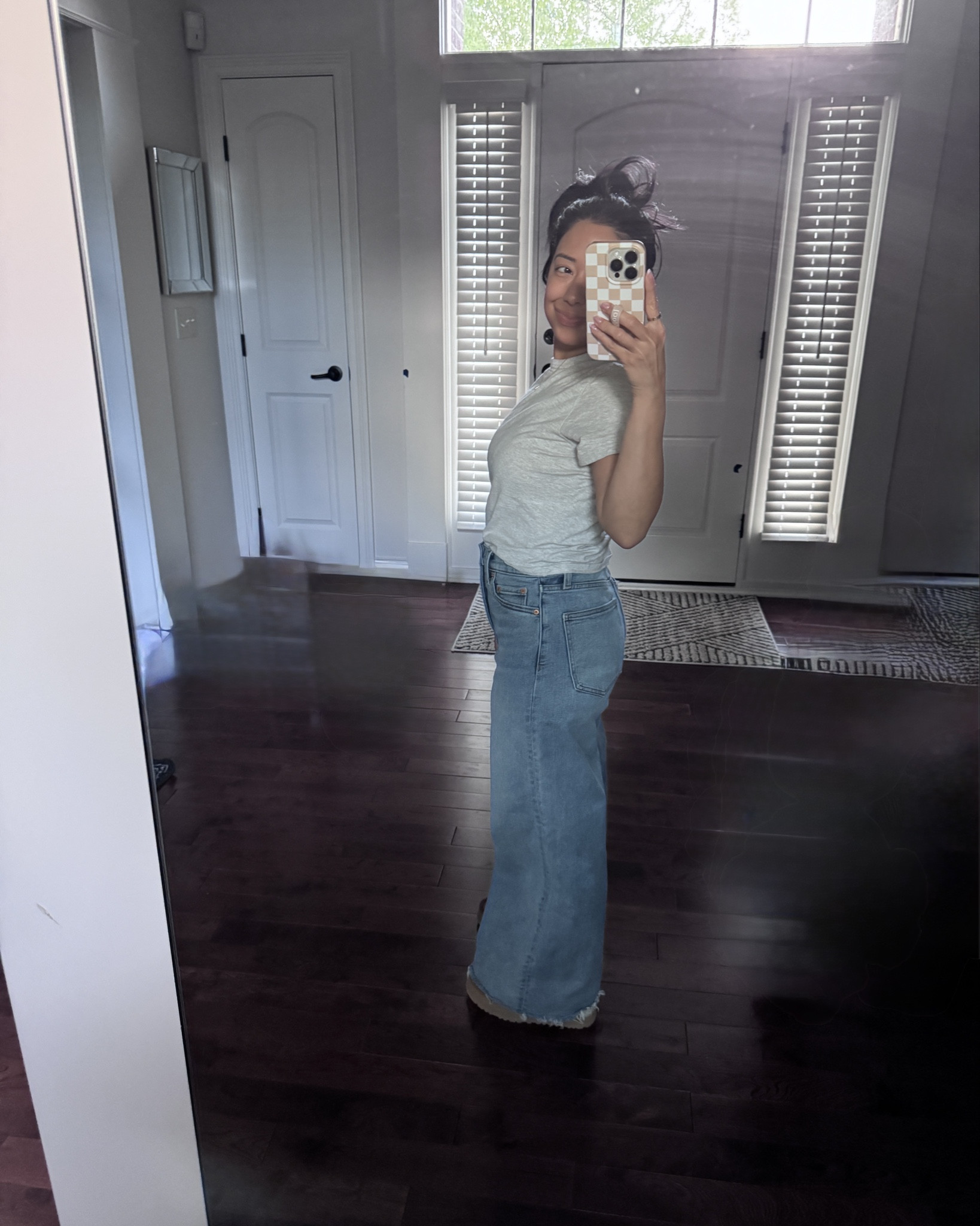 The perfect everyday simple short sleeve crewneck tee from Abercrombie. I sized up one size to medium for slightly looser fit and I love it. 
Jeans are pistola from Anthropologie size 26 petite. The are wide leg and hold you in. Make the booty look good!
Slippers are Uggs. Size 6  

#LTKootd #LTKmomlife #LTKPetite