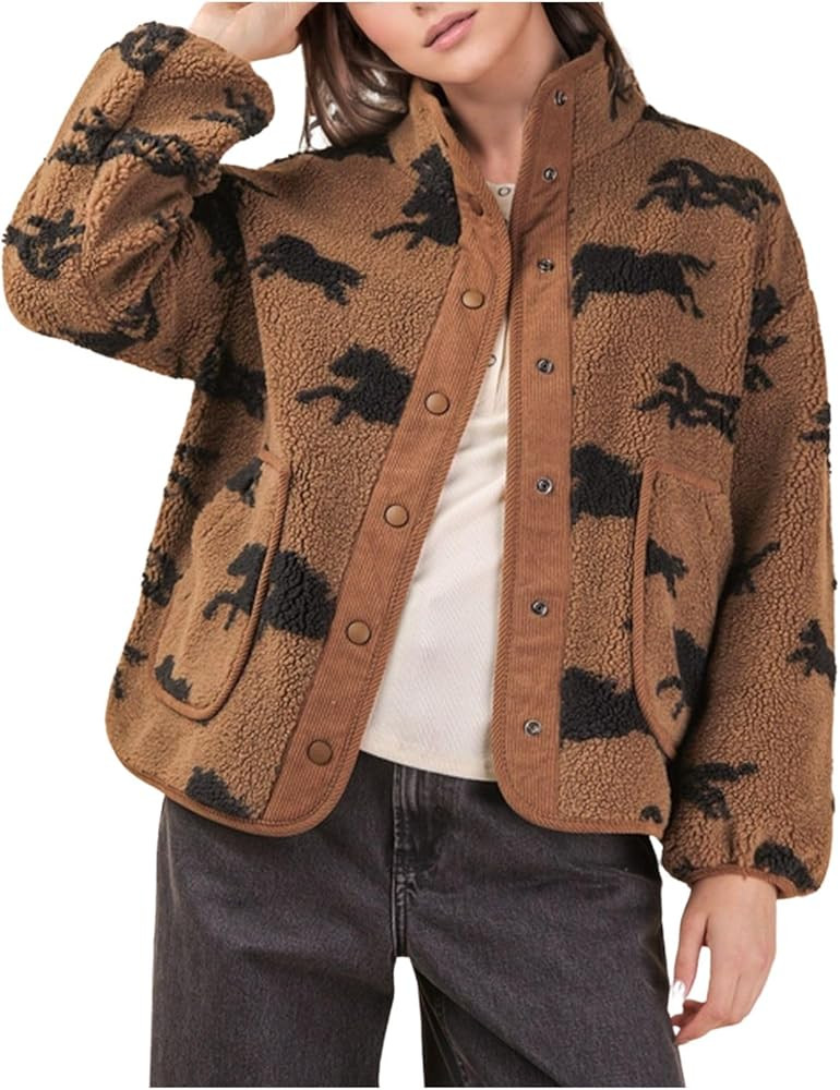 Womens Western Horse Printed Fleece Jacket Button Teddy Jacket Sherpa Fluffy Jacket Outwear | Amazon (US)