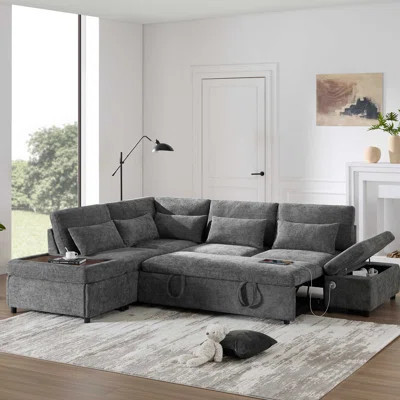 107'' Sectional Sleeper Sofa Bed With Pull Out Couch, L-Shaped With Adjustable Armrest, USB&Type-C Charging, Free Movement Storage Ottoman, Free Combi | Wayfair North America