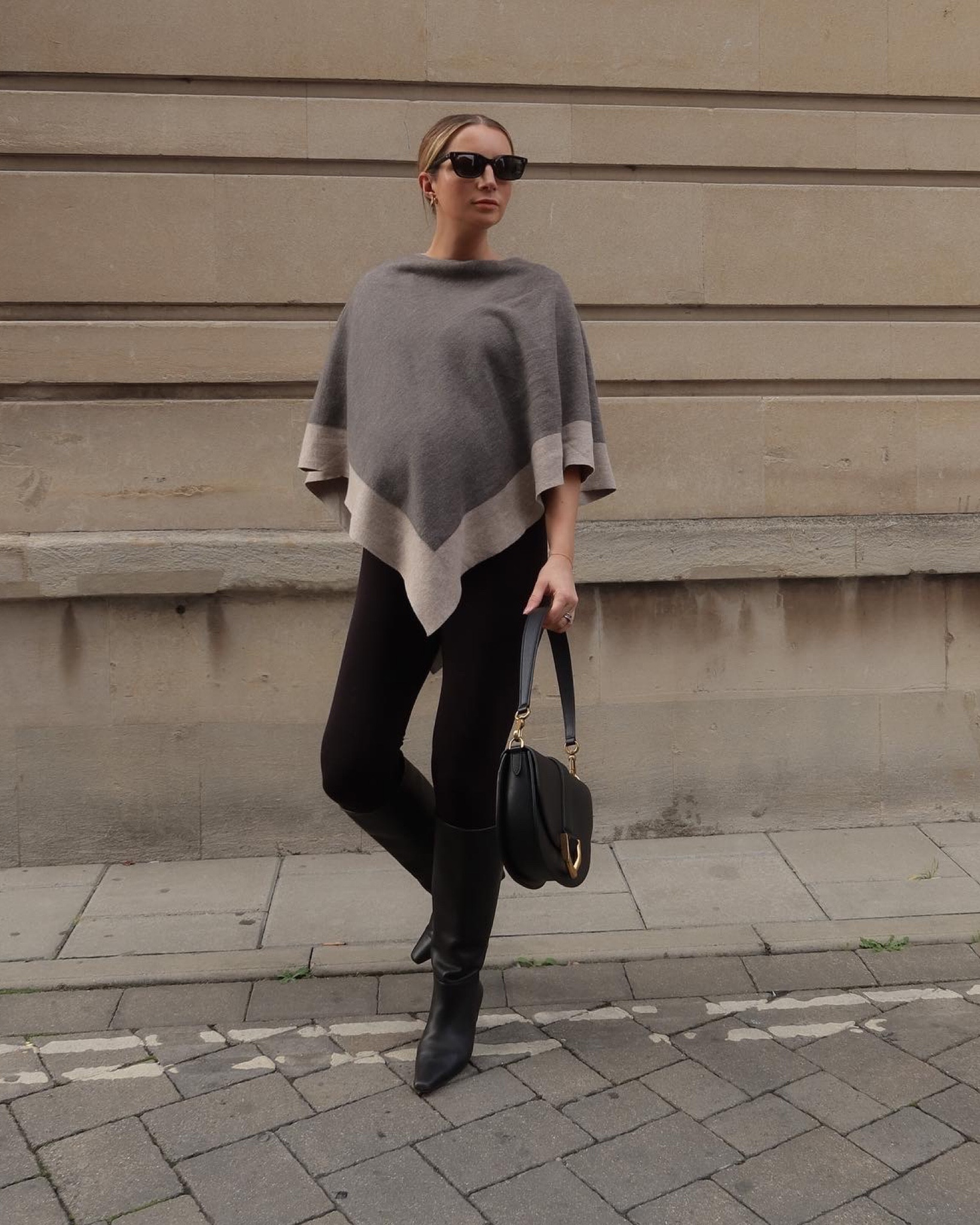 Poncho, saddle bag, knee high boots, black leggings, prada sunglasses, leather handbag, leather shoulder bag, fall outfit, pregnancy outfit 

#LTKbump #LTKSeasonal #LTKstyletip