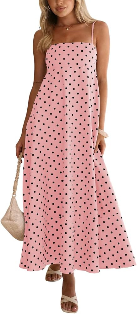 chouyatou Women's 2026 Vintage Polka Dot Maxi Dress Back Smocked Spaghetti Strap Ruffle Hem Swing... | Amazon (US)