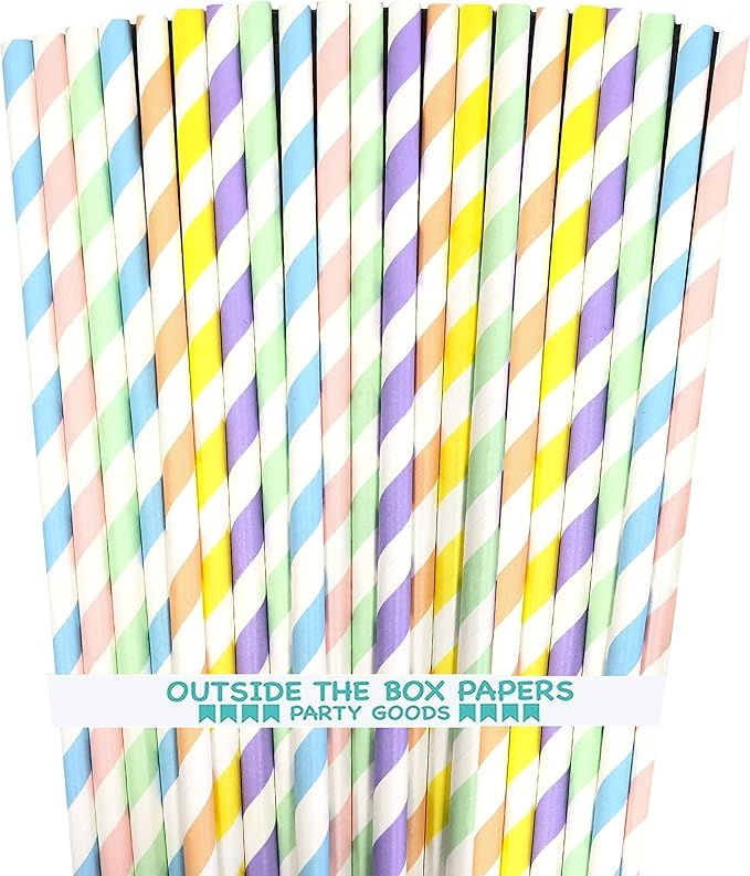 Pastel Stripe Paper Straws - Pink Light Blue Yellow Mint Green Lavender Peach Coral - 150 Pack Ou... | Amazon (US)