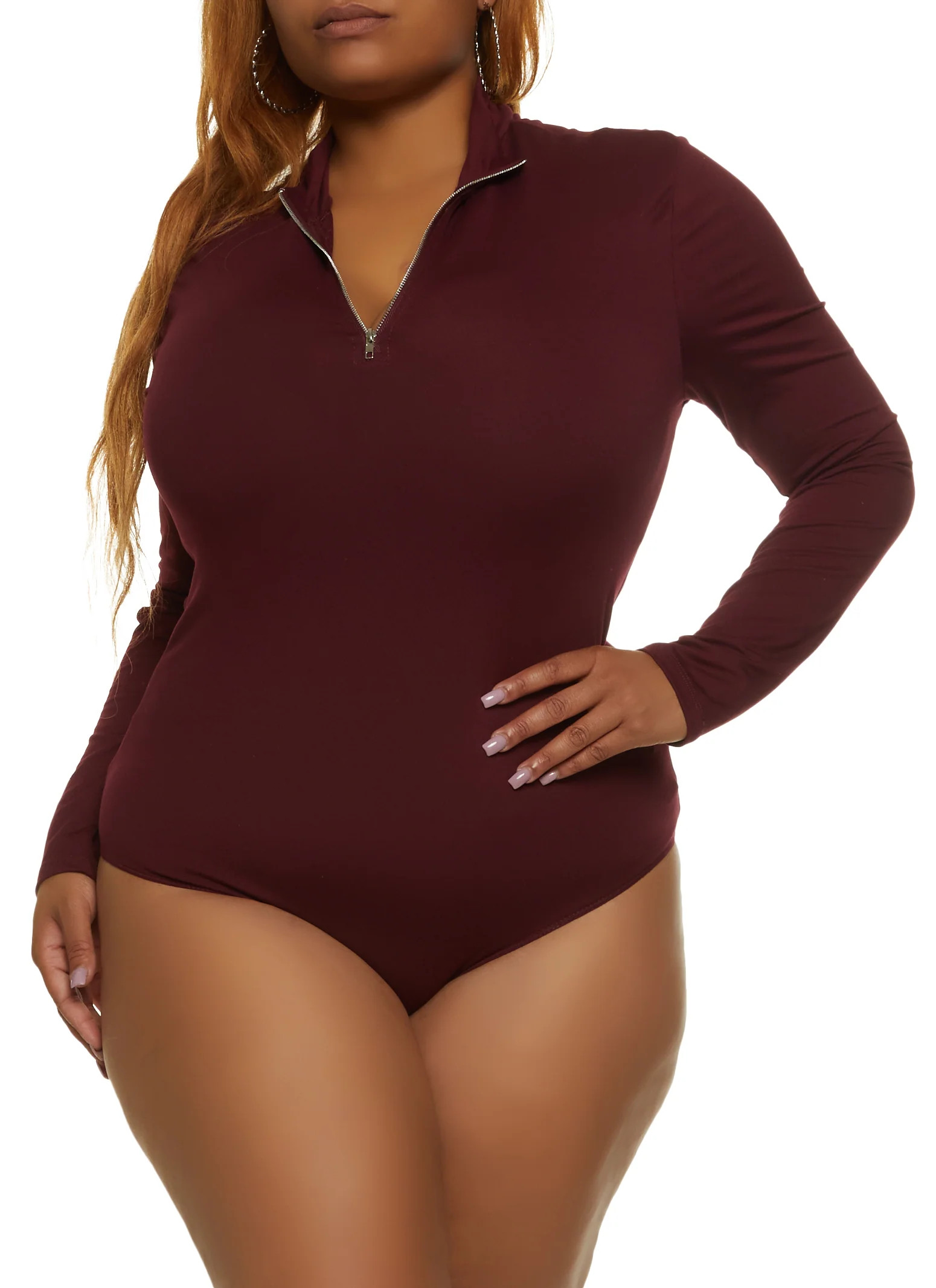 Plus Size Zip Neck Long Sleeve Bodysuit  - Burgundy | Rainbow Shops