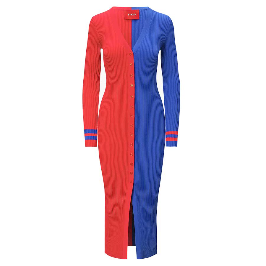 Women's Buffalo Bills STAUD Red/Royal Shoko Knit Button-Up Sweater Dress | NFL Shop