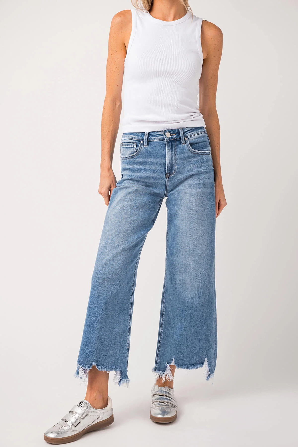 Risen Bobbie Rise Step Hem Crop Wide Leg Jeans | Social Threads