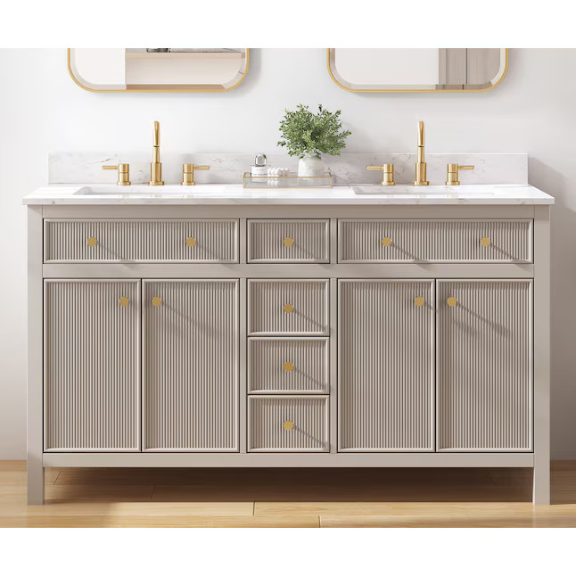 allen + roth Sandbanks 60-in Greige Undermount Double Sink Bathroom Vanity with White Engineered ... | Lowe's