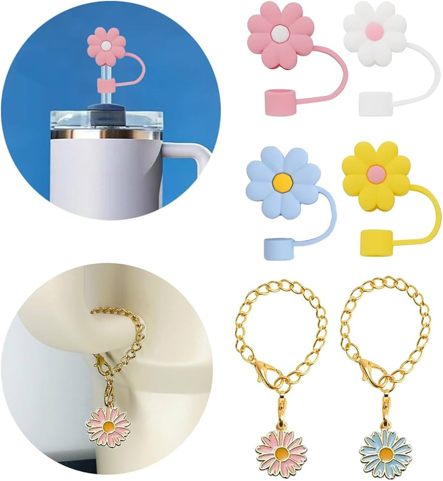 Amazon.com: 4 Pcs 10mm Straw Cover for Stanley 30&40 Oz Tumbler with 2 Pcs Flower Charms, Dust-Pr... | Amazon (US)
