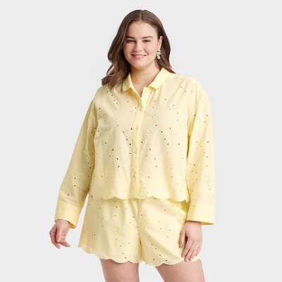 Women's Eyelet Long Sleeve Button-Down Shirt - A New Day™ Yellow XS | Target