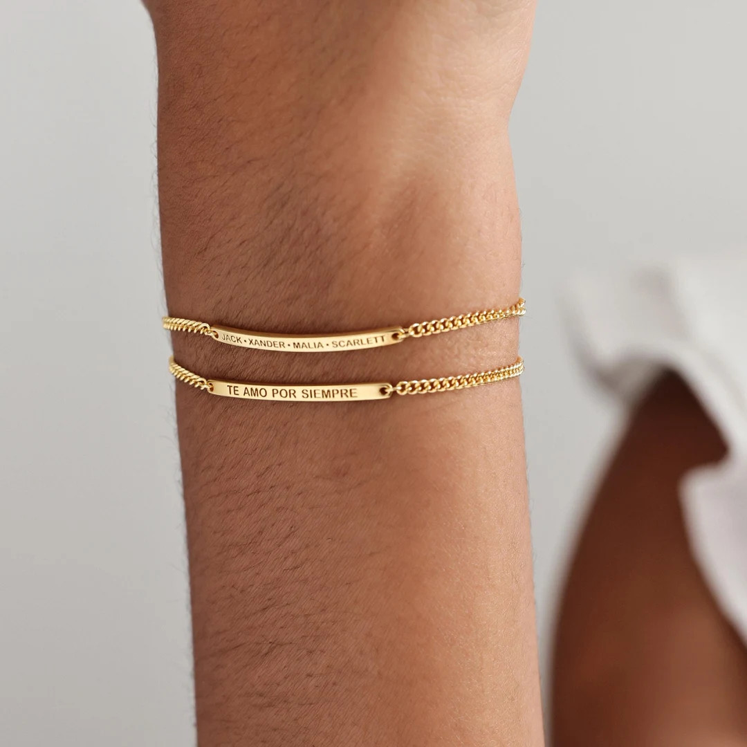 Custom Engraved Bar Bracelet With Curb Chain | Personalized Dainty Name Stackable Bracelet | Gift... | Etsy (US)