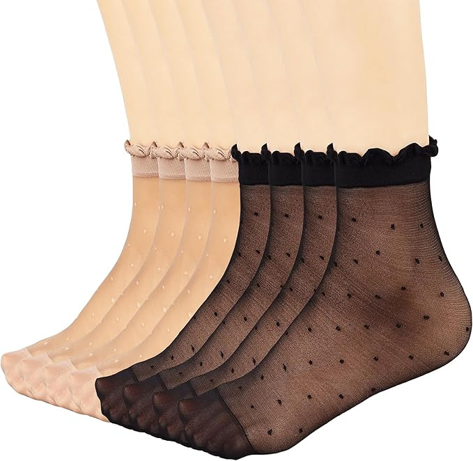 Mcool Mary 12 Pairs Women's Sheer Ruffled Socks Frilly Ankle High Nude Nylon Stocking Ultra Thin ... | Amazon (US)