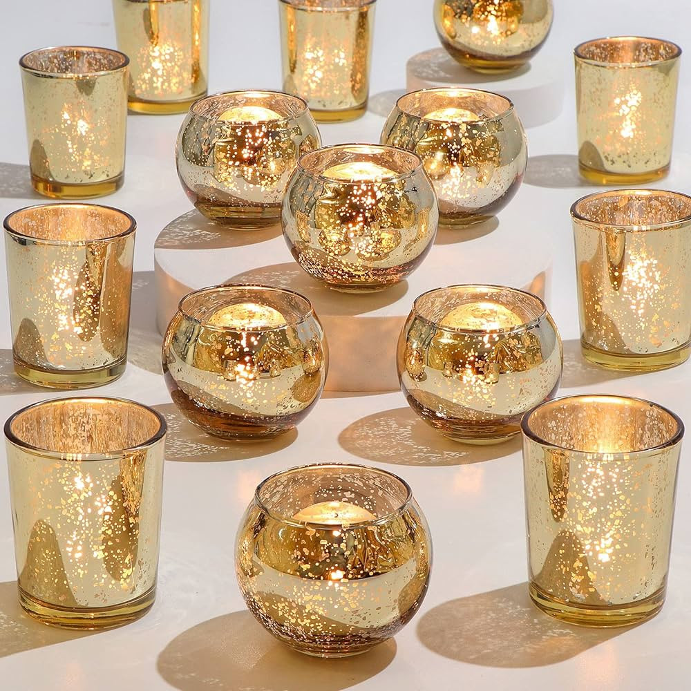 DEVI 24pcs Assorted Gold Votive Candle Holders, Mercury Glass Candle Holder, Gold Wedding Centerp... | Amazon (US)