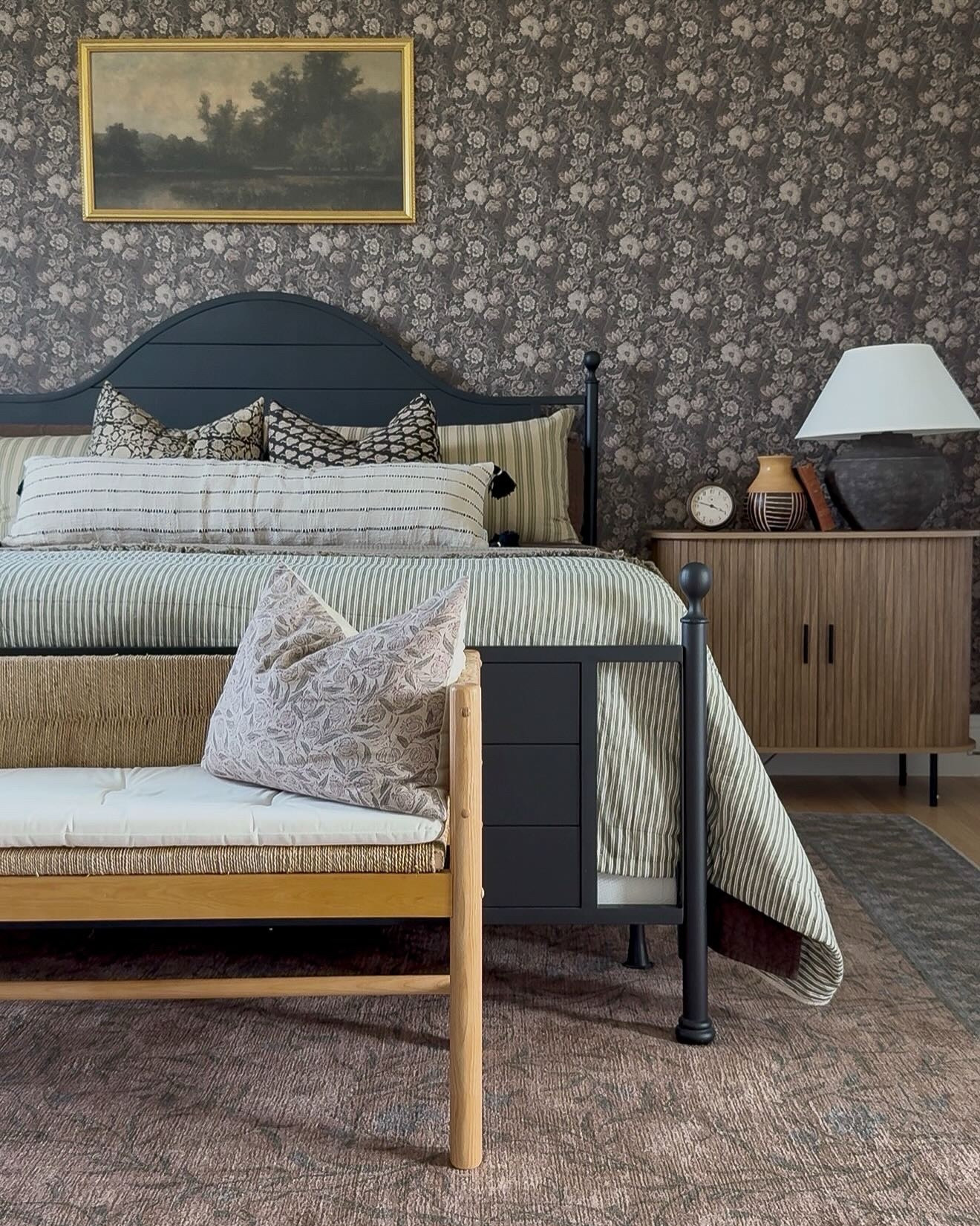 guest room, Loloi x Rifle Paper rug, Edinburgh, vintage inspired, jute rug, nightstand, lamp, linen sheets, bedding 

#LTKHome