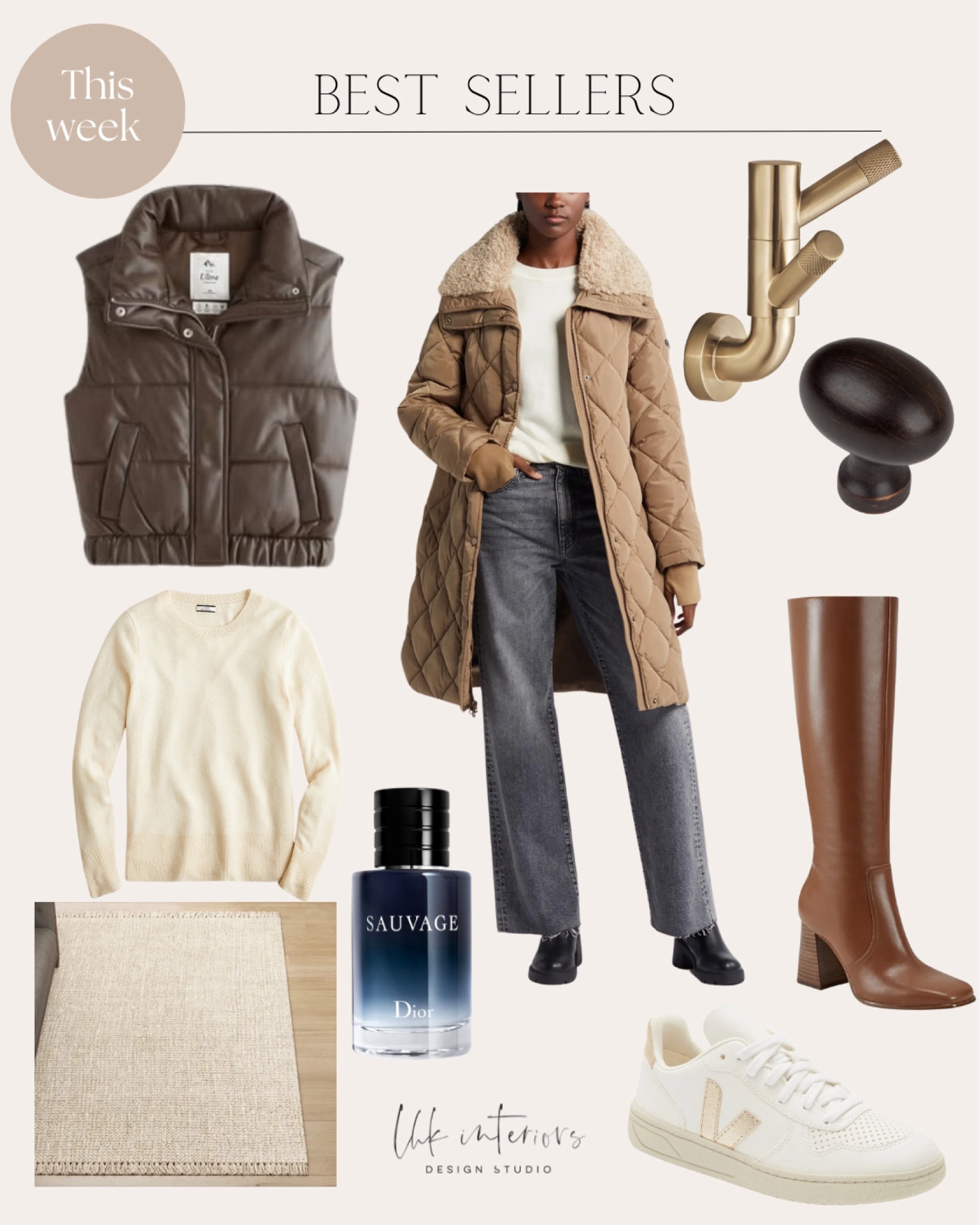 Best sellers this week, gifts for her. Gifts for him brown boots, white sweater cream sweater, brown jacket, puffer jacket, brown vest, quilted jacket, puffer vest, black knob, brass hook, brass double hook, jute rug, cream rug, cologne, white sneaker, tennis shoes. Womens tennis shoes. Nordstrom Abercrombie & fitch j.crew