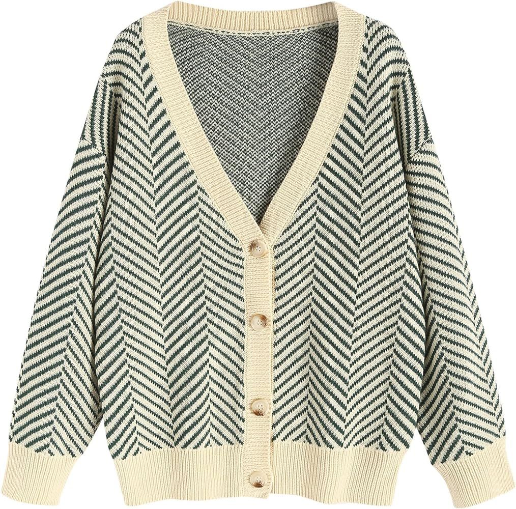 ZAFUL Women's Striped Cardigan Long Sleeve Button Up Open Front Knit Oversized Sweater | Amazon (US)