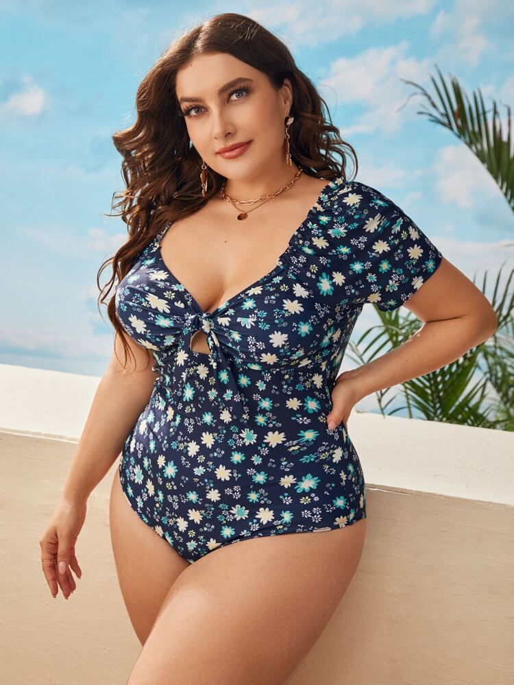 Plus Floral Print Knot Front One Piece Swimsuit | SHEIN