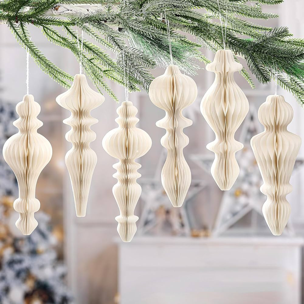 6 Pcs 10" Paper Christmas Ornaments Honeycomb Christmas Hanging Ornaments Neutral Christmas Finia... | Amazon (US)